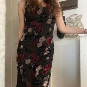 Velvet Floral Midi Dress with Asymmetric Bottom & Fringes Offers Welcome